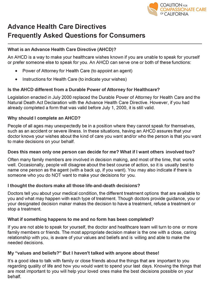 advance health care directive frequently asked questions for consumers screenshot