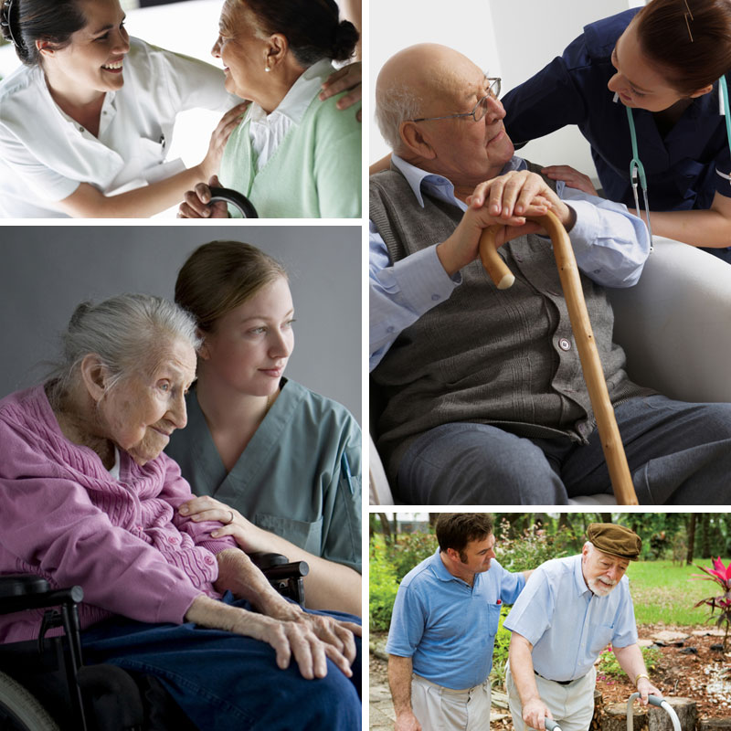 collage of people helping elderly patients in various settings