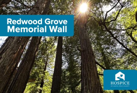Trees and text that reads Redwood Grove Memorial Wall