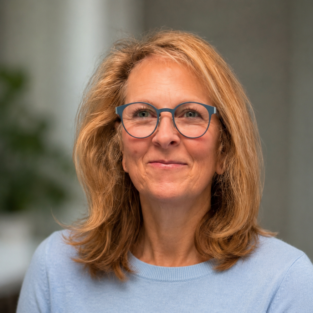 woman with glasses and blue sweater